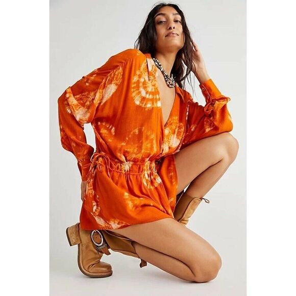 NWT FREE PEOPLE Sz XS MARLA PRINTED SHORTALL TIE DYE ROMPER  IN SIENNA - Picture 3 of 3